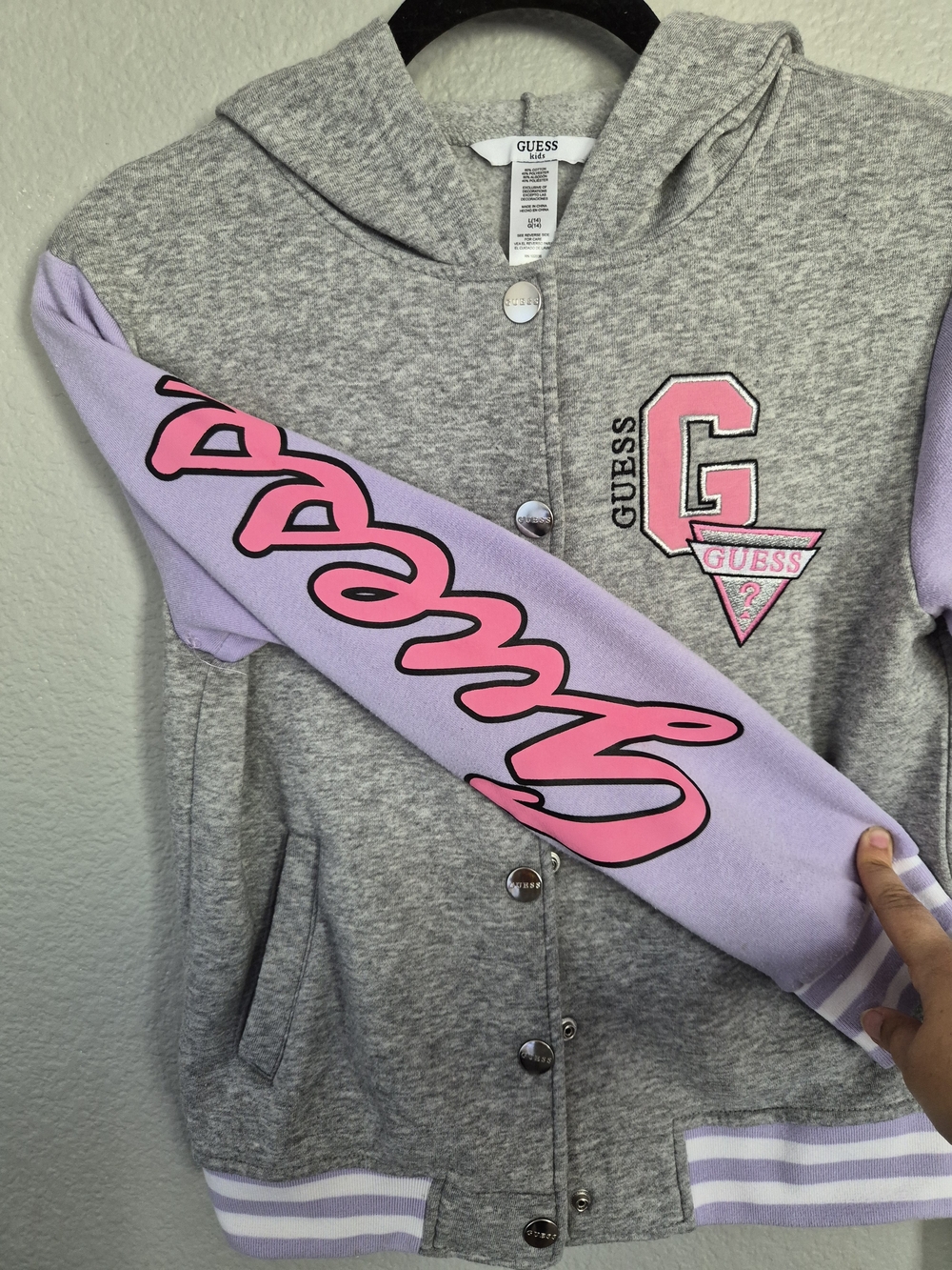 GUESS Girls' Gray & Lavender Logo Hooded Button-Up Jacket - Picture 4 of 7